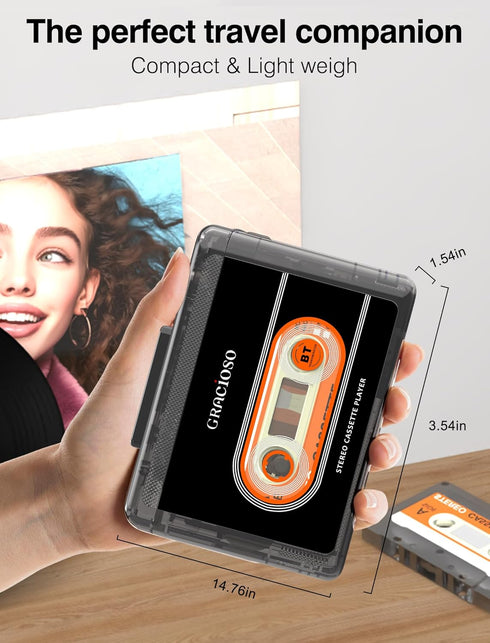 Gracioso Cassette 1100mAH Cassette Cassette Bluetooth Tape Player with Rechargeable Battery, Compact Vintage Player