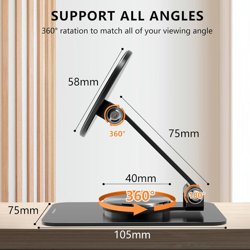 Magnetic Phone Stand Compatible with MagSafe, Foldable Desk Stand with 360° Rotation Base for iPhone