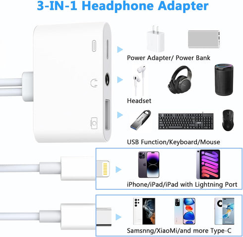 Multi Lightning + USB C to USB Adapter,3 in 1 USB OTG Adapter+3.5mm Audio Headphone Jack Adapter+Fast Charging Port, Phone Splitter Compatible with iPhone 14/13/12,Most Type-C Phones,iPad Pro,Laptops