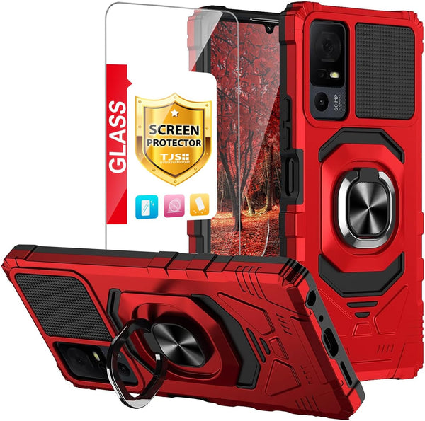 TJS Heavy Duty Phone Case for TCL 40 XL/TCL 40 T T608DL, with Tempered Glass Screen Protector and Metal Ring Kickstand