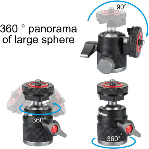 Mini Ball Head with 1/4" Hotshoe Mount Adapter, 360° Rotatable Aluminum Tripod Head for DSLR Cameras