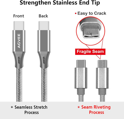 AGVEE 15ft USB-C Cable 2 Pack, Extra Long Braided Fast Charger for Samsung S10, Note 9, LG Stylo 4/5 - Black
