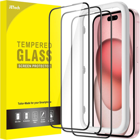 JETech Full Coverage Screen Protector for iPhone 15 6.1-Inch, Black Edge Tempered Glass Film, 3-Pack, Case-Friendly