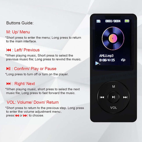 MP3 Player 32GB with Speaker Earphone Portable HiFi Lossless Sound MP3 Mini Music Player Voice Recorder E-Book HD Screen 1.8 inch Black Support up to 128GB