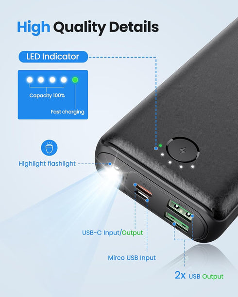 DAOLOT 30000mAh 22.5W Pack QC4.0 3 2 Portable Charger Power Bank USB C Fast Charging External Battery PD