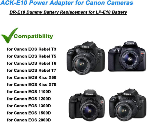TKDY LP-E10 EOS Rebel T7 Dummy Battery ACK-E10 Continuous Power Supply DR-E10 DC Coupler Kit for Canon EOS T7 T6 T5 T3, Kiss X50 X70 X80 X90, EOS 1100D 1200D 1300D 1500D 2000D Digital Camera.