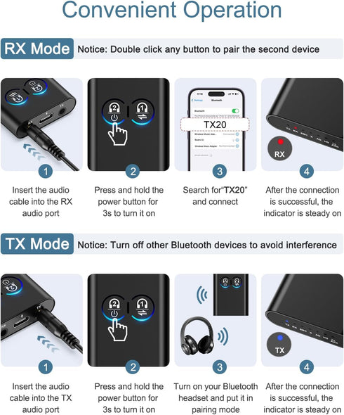 Ankilo 5.2 2-in-1 Bluetooth Transmitter Receiver, Upgraded Airplane Wireless Adapter, Dual Link AptX