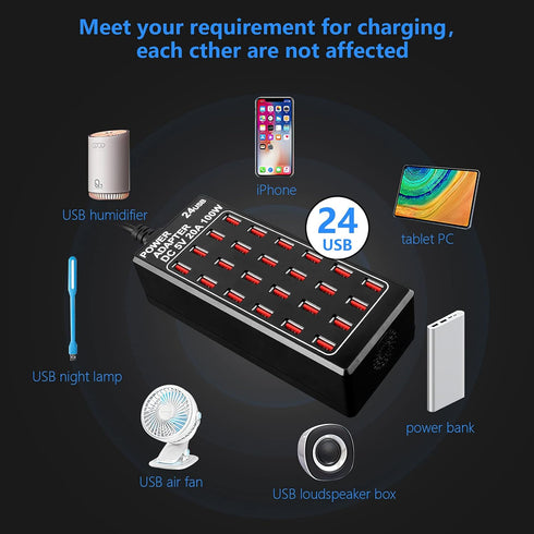 24-Port 100 Watt USB Charging Station, Home Desktop Fast Charger for Hotels, Shops, Schools, and Travel