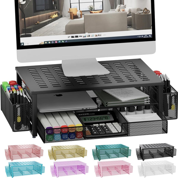 gianotter Desk Computer Monitor Stand Riser with Drawer and 2 Pen Holders, Black Desk Organizer for Office