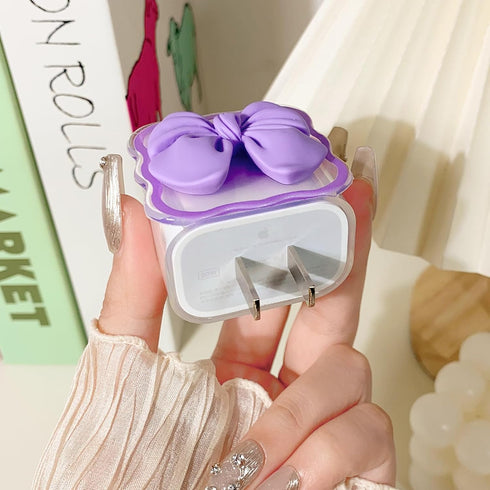 Clear Lovely 3D Bowknot Waves Design Soft Charger Protector for iPhone 18W/20W USB-C Charger Cover, Cute Cable Case