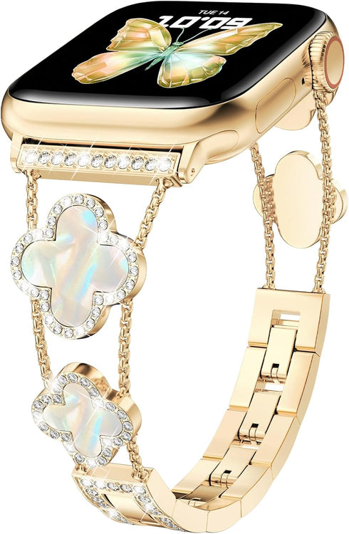 CTYBB Sparkle Diamond Band for Apple Watch 42mm 44mm 45mm Series 1-9, Cute Lucky Clover Dressy Wristband, Gold/White