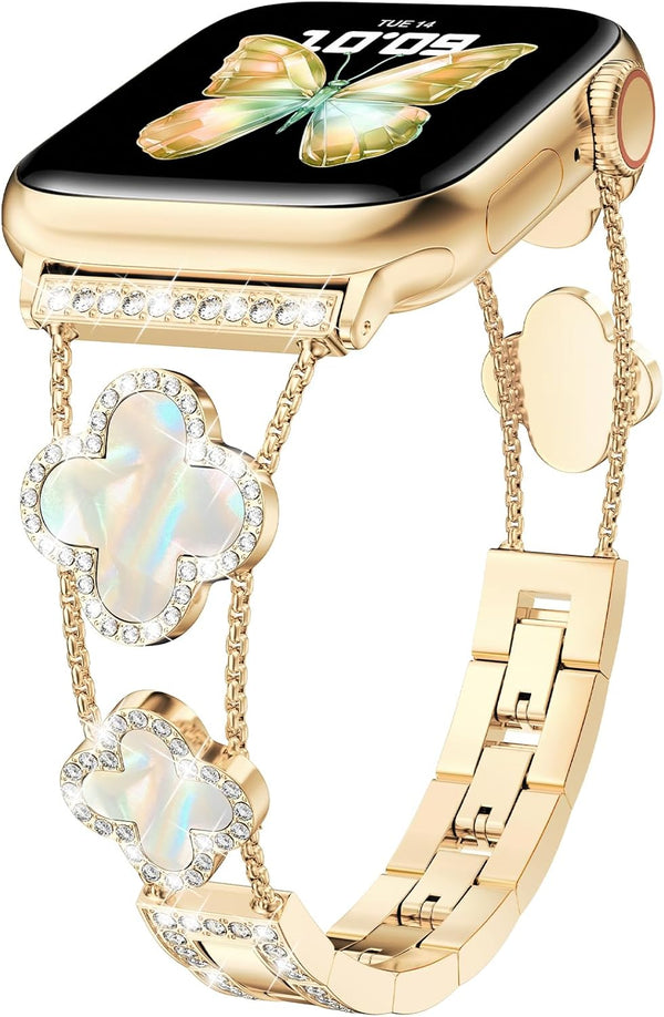 CTYBB Sparkle Diamond Band for Apple Watch 42mm 44mm 45mm Series 1-9, Cute Lucky Clover Dressy Wristband, Gold/White