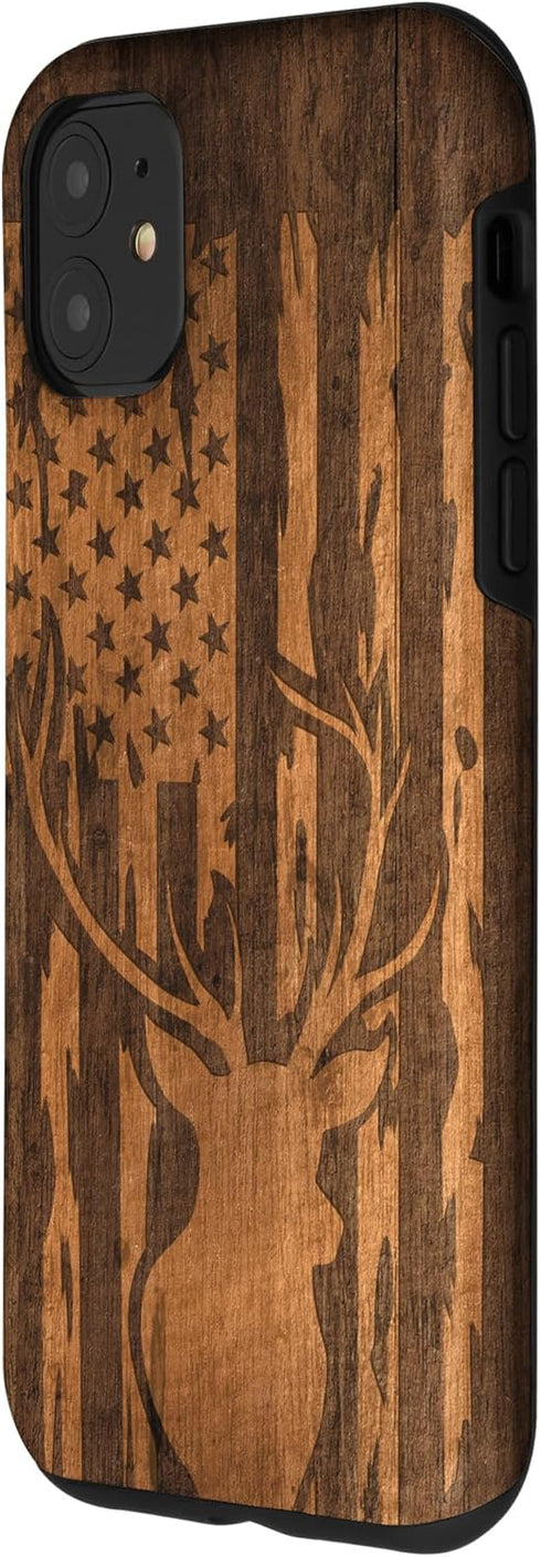 iPhone 11 Case - Deer Buck with Flag on Wood-like Background