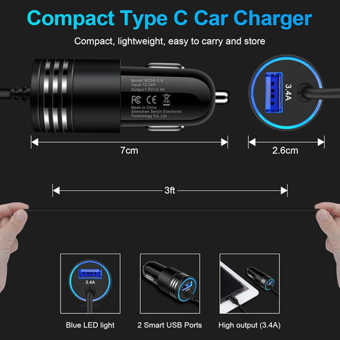Android Car Charger Type C Fast Charging for Samsung Galaxy S24/A15/A14/A54/A53 5G with 3ft USB C Cable