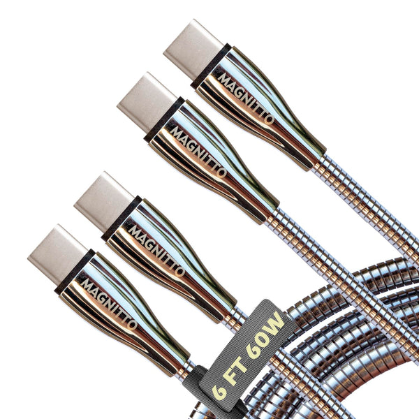 Shop the 6ft Metal Braided Wire USB C to USB C Cable 2-Pack, 60W 3A, Stainless Steel, Tangle-Free, Chew-Proof, Silver.