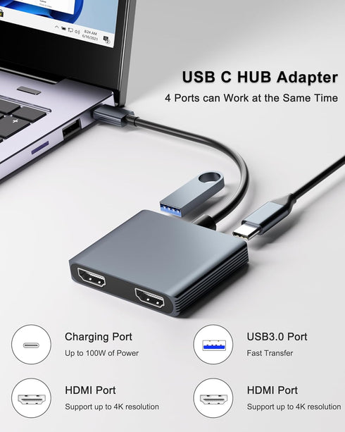 Dual Monitor Adapter, USB C to Dual HDMI Adapter for Laptop, HDMI Splitter Extended Display to Connect Two Monitors