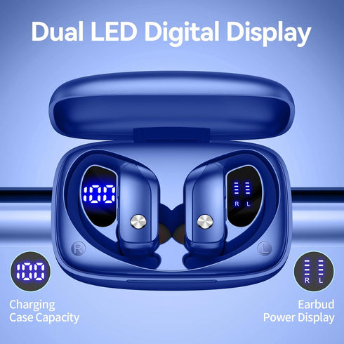 80H bmani Ear Buds Wireless Earbuds Bluetooth Headphones with Playtime LED Display Case, Over-Ear Hook with Mic, Stereo