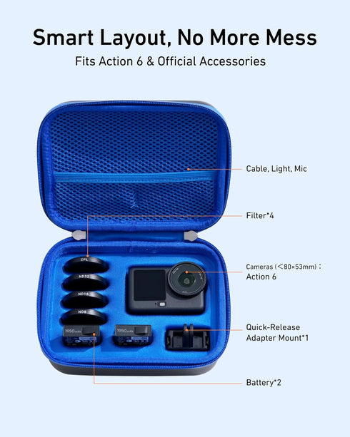 6 TELESIN DisAdv Carrying Case for DJI Osmo Action and Official Accessories, Xtra Edge Muse Case, Waterproof Hard