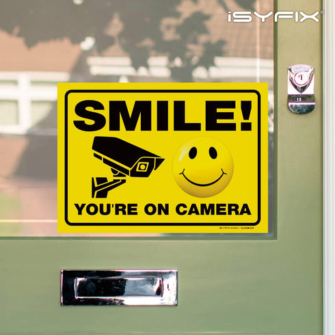 iSYFIX Smile You're on Camera Stickers for Business - 2 Pack 14x10 Inch - UV Protection, Weather Resistance