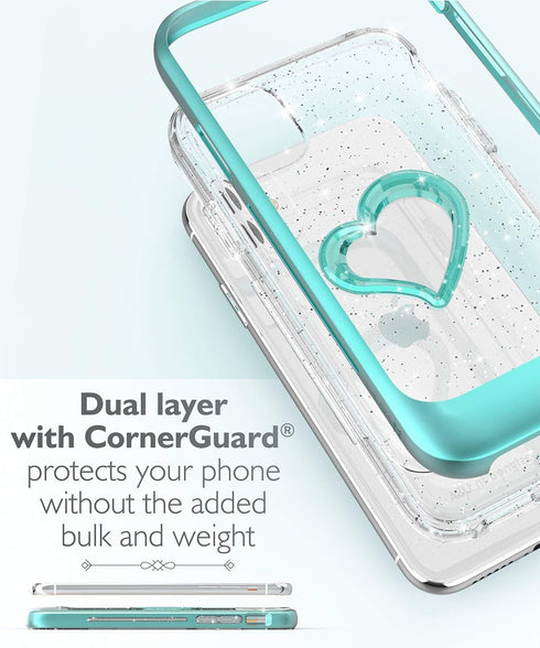 VENA vLove Teal Glitter Clear Case, Compatible with Apple iPhone 11 (6.1"-inch 2019), Heart Shape Dual Layer