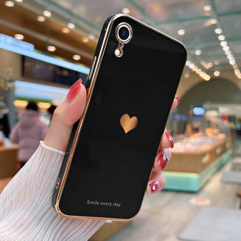 Teageo Compatible with iPhone Xr Case Black - Cute Love-Heart Luxury Bling Plating Soft Back Cover, Raised Full Camera