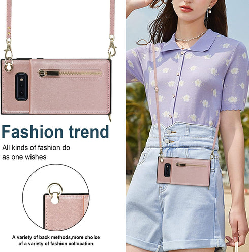 Samsung Galaxy S10e Wallet Cover, Pink, with Crossbody Strap, Leather Card Holder, Flip Cases, Kickstand