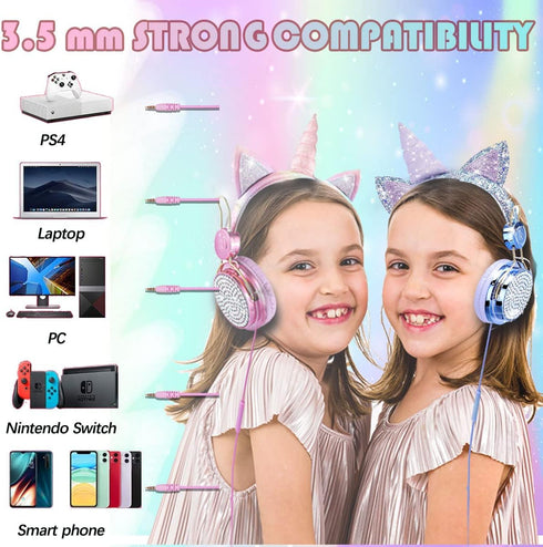 SVYHUOK Kids Headphones for Girls Children Teens,Cute Cat Ear Wired Headphones Microphone 3.5mm Jack, Over On Ear Headset for School Birthday Xmas Gift (Princess Blue)