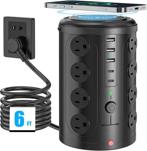 Surge Protector Power Strip, Desk Charging Station with 15W Magnetic Wireless Charger, 16 AC Outlets & 5 USB Ports