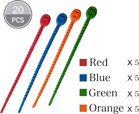 Multi Purpose Silicone Zip Ties, 20 pcs, 6 inch Cable Ties, Double Lock Twist Ties in Multi Color (Red, Blue, Green,