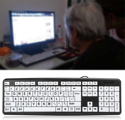 Large Print Computer Keyboard, 104 Keys USB Wired for Visually Impaired Individuals, Wired Keyboard for Seniors in Low