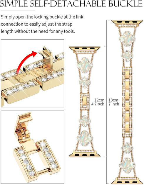 CTYBB Sparkle Diamond Band for Apple Watch 42mm 44mm 45mm Series 1-9, Cute Lucky Clover Dressy Wristband, Gold/White