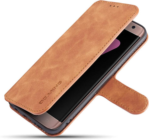 UEEBAI PU Leather Case for Samsung Galaxy S7 Edge, Vintage Retro Wallet Flip Cover, Brown