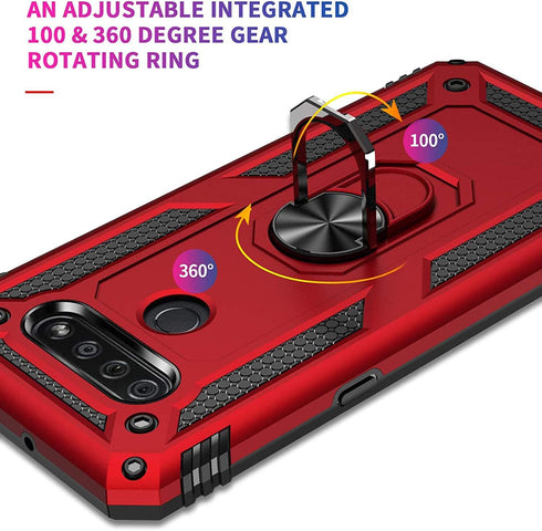 TJS Heavy Duty Drop Protector Phone Case for LG K51, Q51, Reflect, with Tempered Glass Screen Protector, Metal Ring &