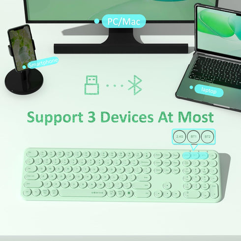 UBOTIE Wireless Green Keyboard, Bluetooth 2.4GHz Dual Mode Connection, Slim Quiet Round Keycaps, Full Size for PC MAC