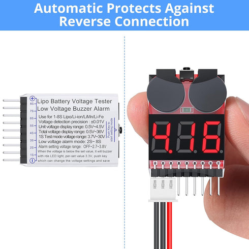 CAMWAY 5PCS 2in1 Lipo Battery Voltage Tester, RC Low Voltage Buzzer Alarm, Battery Monitor Checker for 1-8s Lipo/Li-ion