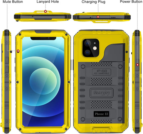 Beasyjoy for iPhone 12 Case, Waterproof Heavy Duty Rugged Protective Cover with Built-in Screen Protector (Yellow)