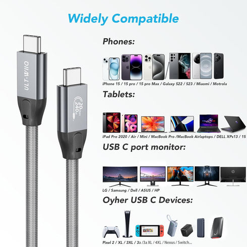 ULT-WIIQ USB C to USB C Cable High Speed 20Gbps Data Transfer, 240W PD 3.1 Fast Charging for iPhone 15