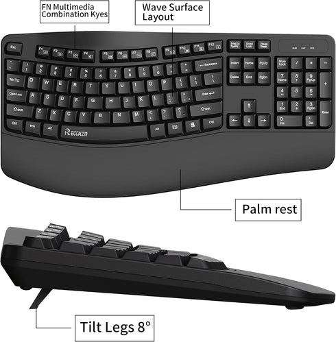 RECCAZR Ergonomic Keyboard, Wired Computer USB Keyboard with Wrist Rest, Spill-Resistant, Wave Keys for Natural Typing
