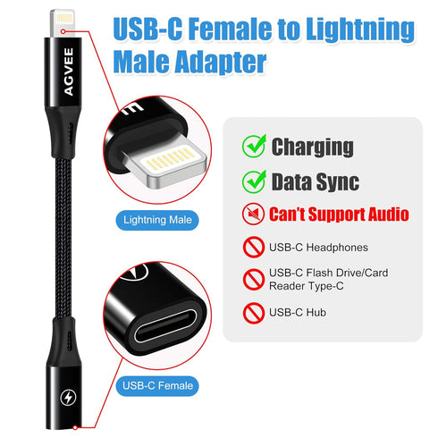 AGVEE 4 inch 30W USB-C Female to Lightning Cable Adapter, Type-C to 8 Pin Male PD Fast Charging Converter Cord Data Sync Connector for iPhone 13 12 11 Airpods iOS Device, Carplay, Black