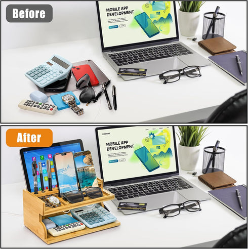 Yopay Nightstand Organizer for Men, Luxury Bamboo Phone Docking Station for Dad Husband, Charging Organizer Cell Phone