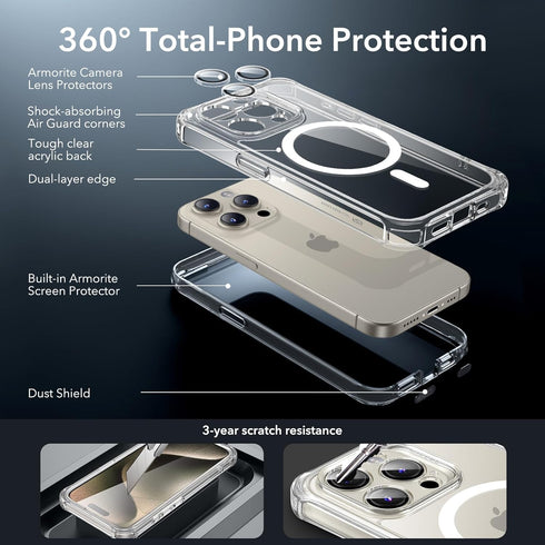 ESR Armor Series Case Set for iPhone 15 Pro Max, Clear, MagSafe Compatible, Full-Coverage, Scratch Resistant, Lens