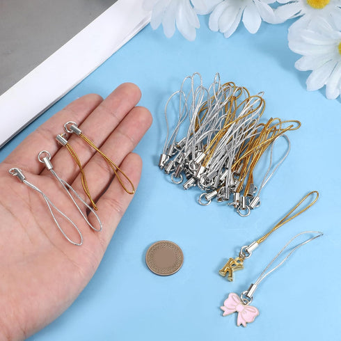 Larrel 100PCS 58mm Phone Keychain Strap, Cell Phone Split Ring Strap, Gold/Silver Cellphone Charms Lanyard String
