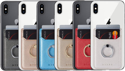 BIAJIYA RFID Blocking Card Holder for Back of Phone with Ring, Leather Stick on Wallet for iPhone/Android (Gun-Metal