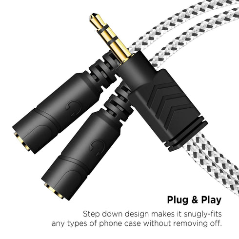 DUKABEL Headphone Splitter, Knitted 3.5mm Audio Splitter TRS 3-Pole Aux Splitter Cable for Headphones Earphones Speakers -Zebra White/2PACK