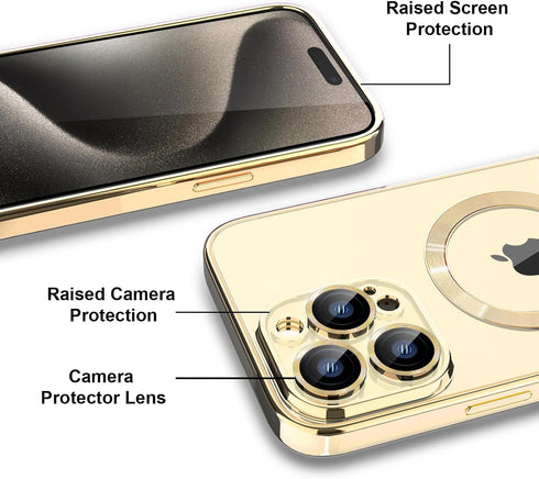 iPhone 15 Pro Case MagSafe - Transparent Electroplated Magnetic Case with Screen Protector & Camera Cover (Gold)