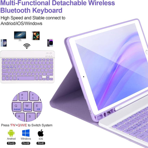 Keyboard Case for iPad 9/8/7th Gen 10.2’’, Bluetooth Keyboard for iPad 10.2 inch, with Pencil Holder, Purple