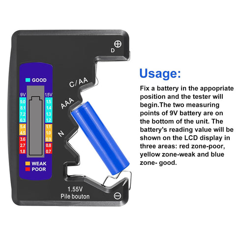 2PACK BT-886 Battery Tester Checker for Battery C D 9V AA AAA 1.5V - Black
