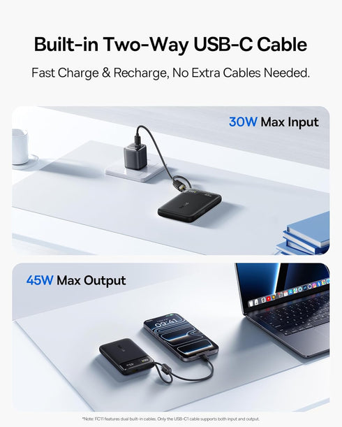 Baseus 45W 10000mAh Pack 17 16 S25 S24 Ultra Slim Power Bank Built-in USB-C Cables, CCC Certified Portable Charger