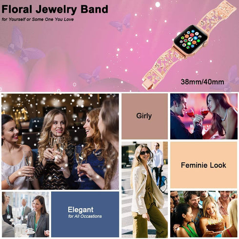 Floral Band Compatible with Apple Watch Jewelry Band 38mm 40mm 41mm 42mm, Bling Crystal Bracelet Strap for Women (Rose