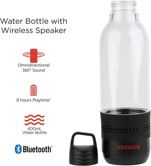 AIWA Water Bottle with Speaker and Earphone Bundle, 400ml Bottle with 4 Hour Playtime, Black